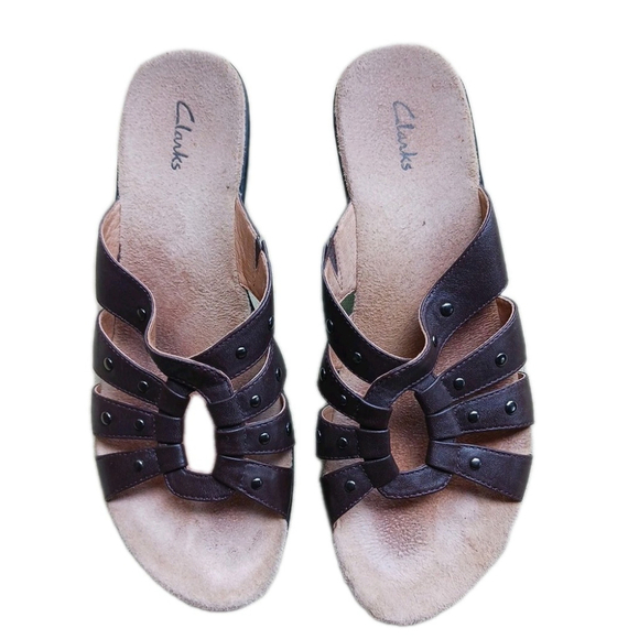Clarks Brown Leather Wedge Slide Sandals Size 8.5 Medium - Picture 1 of 4